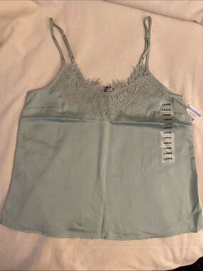Just One Satin Lace-Trim Cami Tank Top in Light Sage